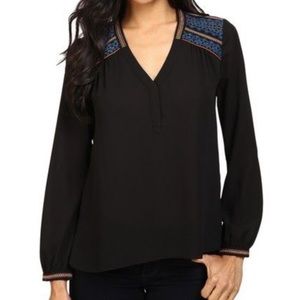 NYDJ Black Long Sleeve Blouse W/Orange & Turquoise Embroidery Size Small
